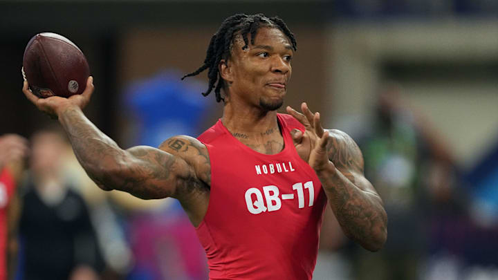 Mar 4, 2023; Indianapolis, IN, USA; Florida quarterback Anthony Richardson (QB11) participates in drills at Lucas Oil Stadium. 