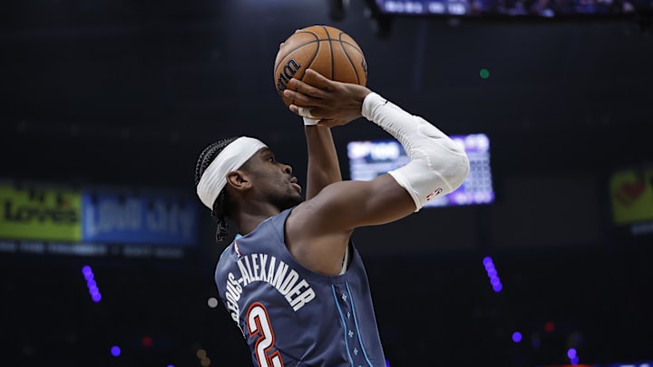 Apr 22, 2026; Oklahoma City, Oklahoma, USA; Oklahoma City Thunder guard Shai Gilgeous-Alexander (2) shoots against the Phoenix Suns in the second half during game two of the first round of the 2026 NBA Playoffs at Paycom Center. Mandatory Credit: Alonzo Adams-Imagn Images
