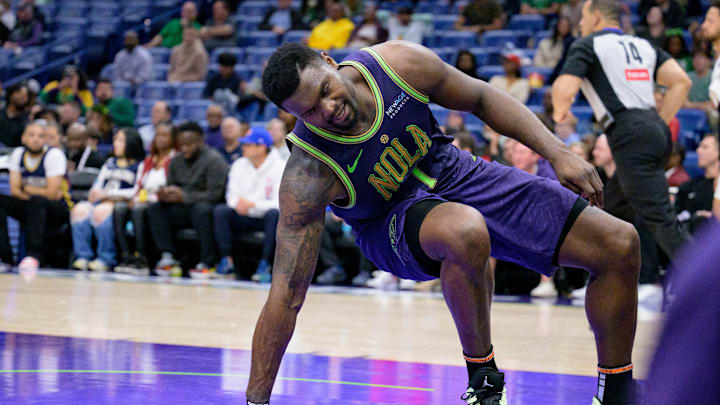 Mar 17, 2025; New Orleans, Louisiana, USA; New Orleans Pelicans forward Zion Williamson (1) reacts after getting up from a missed dunk against the Detroit Pistons during the second half at Smoothie King Center. Mandatory Credit: Matthew Hinton-Imagn Images