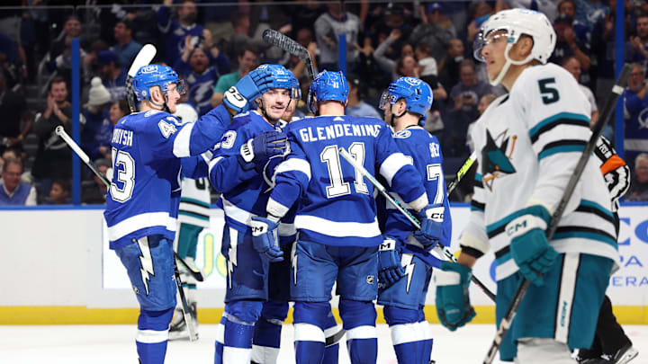 Oct 26, 2023; Tampa, Florida, USA; Tampa Bay Lightning center Luke Glendening (11) celebrates after