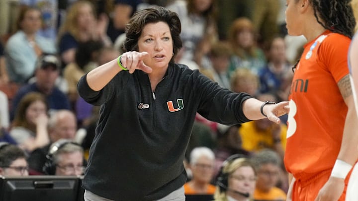 Mar 24, 2023; Greenville, SC, USA; Miami Hurricanes head coach Katie Meier during the second half of