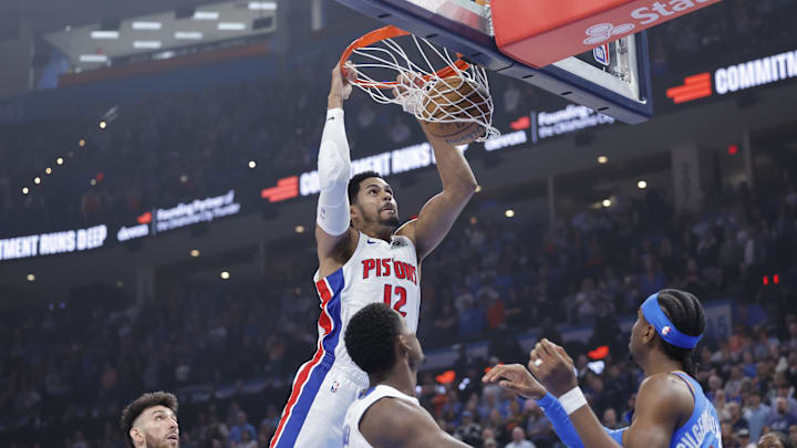 Apr 2, 2025; Oklahoma City, Oklahoma, USA; Detroit Pistons forward Tobias Harris (12) dunks against the Oklahoma City Thunder during the first quarter at Paycom Center. Mandatory Credit: Alonzo Adams-Imagn Images Apr 2, 2025; Oklahoma City, Oklahoma, USA; Detroit Pistons forward Tobias Harris (12) dunks against the Oklahoma City Thunder during the first quarter at Paycom Center. Mandatory Credit: Alonzo Adams-Imagn Images