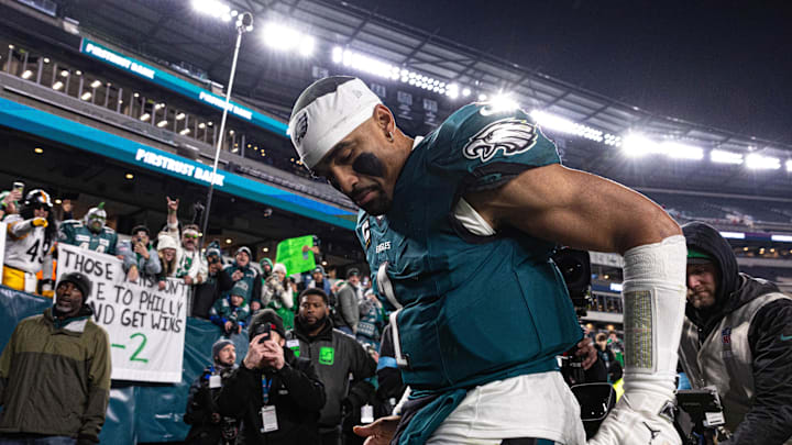 Dec 15, 2024; Philadelphia, Pennsylvania, USA; Philadelphia Eagles quarterback Jalen Hurts (1) after a victory against the Pittsburgh Steelers at Lincoln Financial Field. Mandatory Credit: Bill Streicher-Imagn Images Dec 15, 2024; Philadelphia, Pennsylvania, USA; Philadelphia Eagles quarterback Jalen Hurts (1) after a victory against the Pittsburgh Steelers at Lincoln Financial Field. Mandatory Credit: Bill Streicher-Imagn Images
