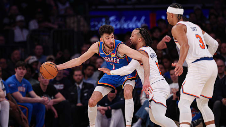 Mar 4, 2026; New York, New York, USA; Oklahoma City Thunder center Chet Holmgren (7) is guarded by New York Knicks guard Jalen Brunson (11) during the second half at Madison Square Garden. Mandatory Credit: Vincent Carchietta-Imagn Images