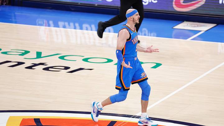 May 18, 2026; Oklahoma City, Oklahoma, USA; Oklahoma City Thunder guard Alex Caruso (9) reacts in the fourth quarter against the San Antonio Spurs during game one of the western conference finals for the 2026 NBA playoffs at Paycom Center. Mandatory Credit: Alonzo Adams-Imagn Images May 18, 2026; Oklahoma City, Oklahoma, USA; Oklahoma City Thunder guard Alex Caruso (9) reacts in the fourth quarter against the San Antonio Spurs during game one of the western conference finals for the 2026 NBA playoffs at Paycom Center. Mandatory Credit: Alonzo Adams-Imagn Images
