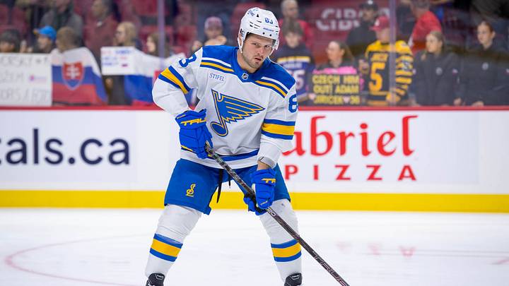 Oct 13, 2026; Ottawa, Ontario, CAN;  St. Louis Blues center Mason McTavish (83) during warmup prior to start of game against the Ottawa Senators at the Canadian Tire Centre.  Mandatory Credit: Marc DesRosiers-Imagn