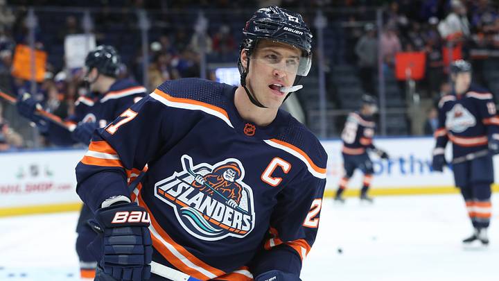 Dec 10, 2022; Elmont, New York, USA;  New York Islanders left wing Anders Lee (27) skated during warm-ups wearing the debut of the reverse retro jersey before a game against the Carolina Hurricanes at UBS Arena. Mandatory Credit: Thomas Salus-USA TODAY Sports