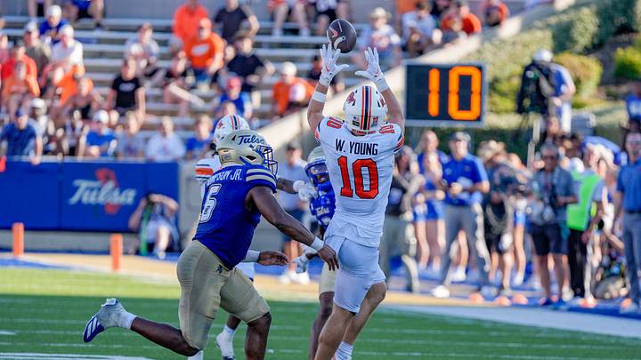 Oklahoma State wide receiver Wyatt Young (10) catches a pass during the second half of a college football game between Oklahoma State (OSU) and Tulsa at H. A. Chapman Stadium in Tulsa, Okla., on Saturday, Sept. 5, 2026.