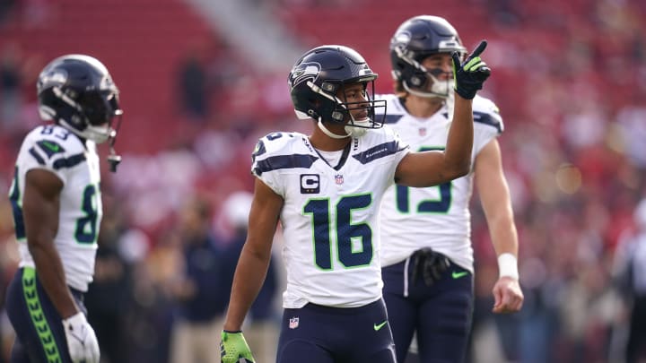 Dec 10, 2023; Santa Clara, California, USA; Seattle Seahawks wide receiver Tyler Lockett (16) stands on the field before the start of the game against the San Francisco 49ers at Levi's Stadium. Mandatory Credit: Cary Edmondson-USA TODAY Sports