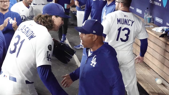 Aug 4, 2025; Los Angeles, California, USA; Los Angeles Dodgers manager Dave Roberts (30) congratulates starting pitcher Tyler Glasnow (31) after he pitched seven inning with seven strikeouts during an MLB game against the St. Louis Cardinals at Dodger Stadium. Mandatory Credit: Kirby Lee-Imagn Images Aug 4, 2025; Los Angeles, California, USA; Los Angeles Dodgers manager Dave Roberts (30) congratulates starting pitcher Tyler Glasnow (31) after he pitched seven inning with seven strikeouts during an MLB game against the St. Louis Cardinals at Dodger Stadium. Mandatory Credit: Kirby Lee-Imagn Images
