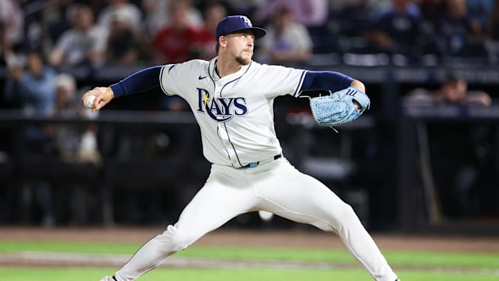 Tampa, Florida, USA; Tampa Bay Rays pitcher Eric Orze (17) throws a pitch against the Philadelphia Phillies in the eighth inning at George M. Steinbrenner Field.