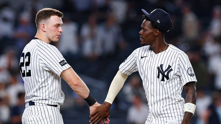 Jul 20, 2026; Bronx, New York, USA; New York Yankees second baseman Jazz Chisholm Jr. (13) celebrates with first baseman Ben Rice (22) after defeating the Pittsburgh Pirates at Yankee Stadium. Mandatory Credit: Vincent Carchietta-Imagn Images Jul 20, 2026; Bronx, New York, USA; New York Yankees second baseman Jazz Chisholm Jr. (13) celebrates with first baseman Ben Rice (22) after defeating the Pittsburgh Pirates at Yankee Stadium. Mandatory Credit: Vincent Carchietta-Imagn Images
