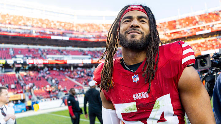 Dec 8, 2024; Santa Clara, California, USA; San Francisco 49ers linebacker Fred Warner (54) looks on after the game against the Chicago Bears at Levi's Stadium. Mandatory Credit: Bob Kupbens-Imagn Images