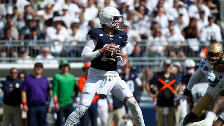 Penn State quarterback Drew Allar drops back in the pocket during the second quarter against the UCLA Bruins at Beaver Stadium. Penn State quarterback Drew Allar drops back in the pocket during the second quarter against the UCLA Bruins at Beaver Stadium.