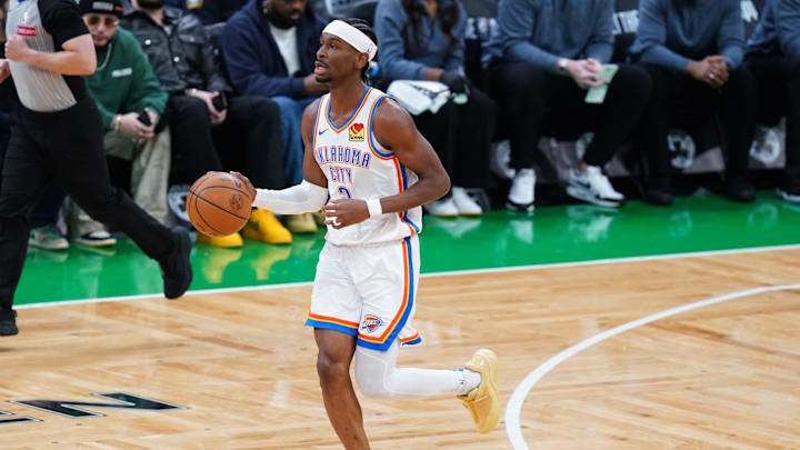 Mar 12, 2025; Boston, Massachusetts, USA; Oklahoma City Thunder guard Shai Gilgeous-Alexander (2) returns the ball against the Boston Celtics in the first quarter at TD Garden. Mandatory Credit: David Butler II-Imagn Images