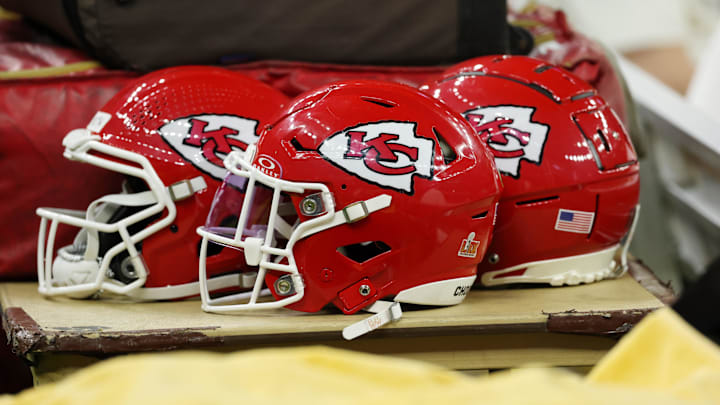 Feb 9, 2025; New Orleans, LA, USA; A detail view of Kansas City Chiefs helmets before Super Bowl LIX between the Philadelphia Eagles and the Kansas City Chiefs at Caesars Superdome. Mandatory Credit: Geoff Burke-Imagn Images