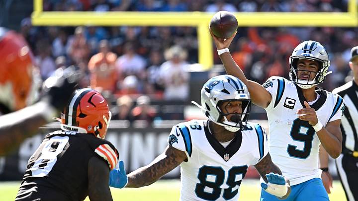 Carolina Panthers quarterback Bryce Young (9) passes the ball against the Cleveland Browns Carolina Panthers quarterback Bryce Young (9) passes the ball against the Cleveland Browns