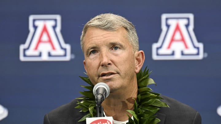 Jul 10, 2024; Las Vegas, NV, USA; Arizona Wildcats head coach Brent Brennan speaks to the media during the Big 12 Media Days at Allegiant Stadium. Mandatory Credit: Candice Ward-USA TODAY Sports