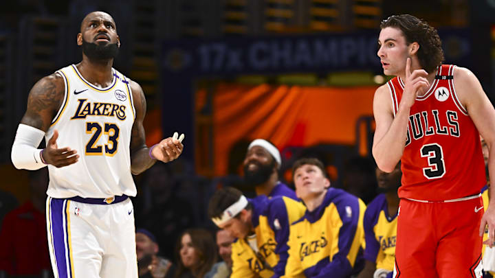 Mar 22, 2025; Los Angeles, California, USA; Los Angeles Lakers forward LeBron James (23) reacts to a foul call against Chicago Bulls guard Josh Giddey (3) during the first half at Crypto.com Arena. Mandatory Credit: Jonathan Hui-Imagn Images