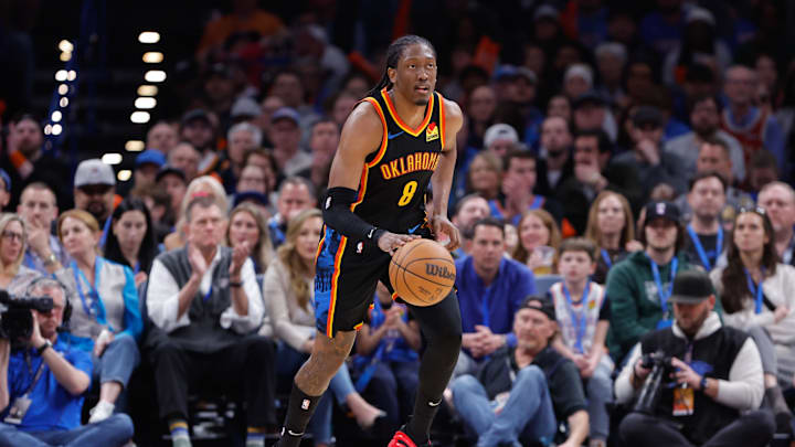 Mar 9, 2025; Oklahoma City, Oklahoma, USA; Oklahoma City Thunder forward Jalen Williams (8) dribbles down the court against the Denver Nuggets during the second half at Paycom Center. Mandatory Credit: Alonzo Adams-Imagn Images
