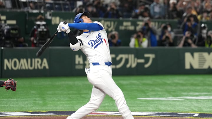 Los Angeles Dodgers designated hitter Shohei Ohtani (17) bats during the third inning against the Hanshin Tigers at Tokyo Dome on March 16.
