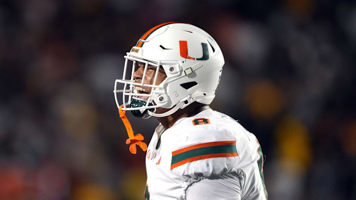 Oct 5, 2024; Berkeley, California, USA; Miami Hurricanes tight end Elijah Arroyo (8) celebrates after scoring a touchdown against the California Golden Bears during the fourth quarter at California Memorial Stadium.  