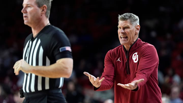 Oklahoma coach Porter Moser shouts at an official during an SEC men's college basketball game between the University of Oklahoma Sooners (OU) and the Texas A&M Aggies at Lloyd Noble Center in Norman, Okla., Wednesday, Jan. 8, 2025. Texas A&M won 80-78.