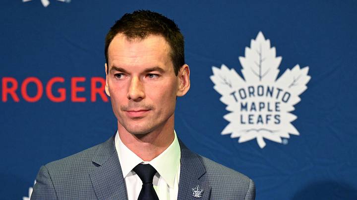 May 4, 2026; Toronto, Ontario, CANADA; Toronto Maple Leafs general manager John Chayka speaks to the media  at Real Sports Bar. Mandatory Credit: Dan Hamilton-Imagn Images