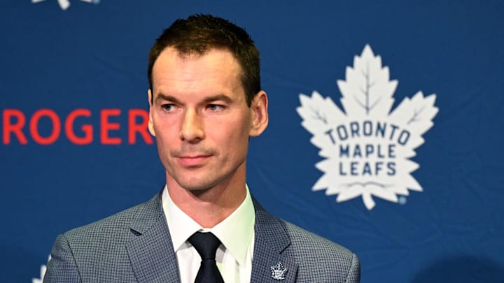 May 4, 2026; Toronto, Ontario, CANADA; Toronto Maple Leafs general manager John Chayka speaks to the media at Real Sports Bar. Mandatory Credit: Dan Hamilton-Imagn Images