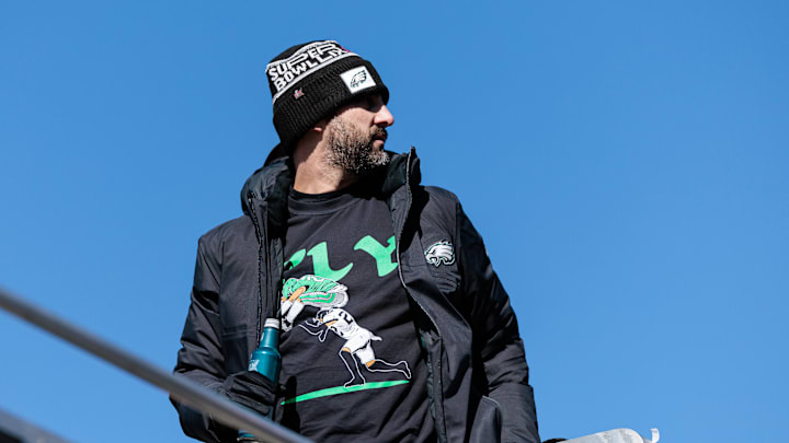 Feb 14, 2025; Philadelphia, PA, USA; Philadelphia Eagles head coach Nick Sirianni celebrates during the Super Bowl LIX championship parade and rally. Mandatory Credit: Caean Couto-Imagn Images