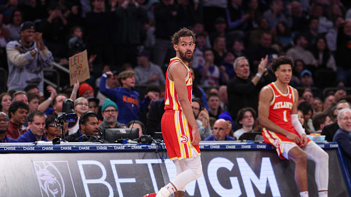 Jan 20, 2025; New York, New York, USA; Atlanta Hawks guard Trae Young (11) reacts after being assessed a technical foul during the second half against the New York Knicks at Madison Square Garden. Mandatory Credit: Vincent Carchietta-Imagn Images