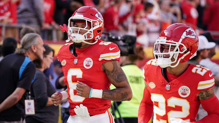 Oct 12, 2023; Kansas City, Missouri, USA; Kansas City Chiefs safety Bryan Cook (6) and cornerback Trent McDuffie (22) take the field for warm ups against the Los Angeles Chargers prior to a game at GEHA Field at Arrowhead Stadium. Mandatory Credit: Denny Medley-Imagn Images Oct 12, 2023; Kansas City, Missouri, USA; Kansas City Chiefs safety Bryan Cook (6) and cornerback Trent McDuffie (22) take the field for warm ups against the Los Angeles Chargers prior to a game at GEHA Field at Arrowhead Stadium. Mandatory Credit: Denny Medley-Imagn Images