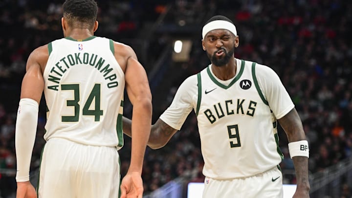 Nov 13, 2023; Milwaukee, Wisconsin, USA; Milwaukee Bucks forward Bobby Portis (9) reacts with forward Giannis Antetokounmpo (34) after scoring a basket in the fourth quarter against the Chicago Bulls at Fiserv Forum. Mandatory Credit: Benny Sieu-Imagn Images Nov 13, 2023; Milwaukee, Wisconsin, USA; Milwaukee Bucks forward Bobby Portis (9) reacts with forward Giannis Antetokounmpo (34) after scoring a basket in the fourth quarter against the Chicago Bulls at Fiserv Forum. Mandatory Credit: Benny Sieu-Imagn Images