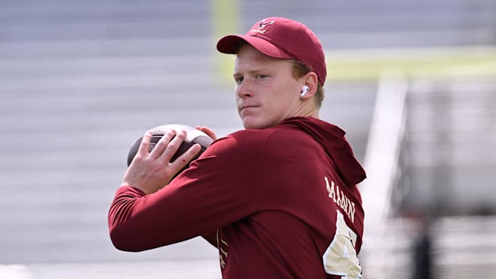 Aug 30, 2025; Chestnut Hill, Massachusetts, USA; Boston College Eagles long snapper Ben Mann (45) warms up before a game against the Fordham Rams at Alumni Stadium.  