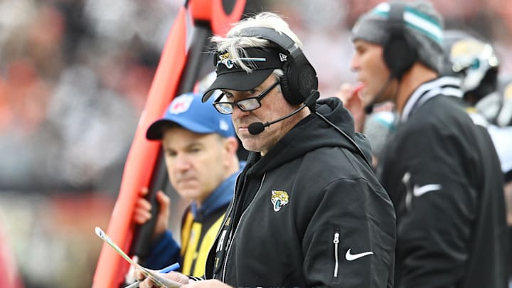 Dec 10, 2023; Cleveland, Ohio, USA; Jacksonville Jaguars head coach Doug Pederson watches the game during the first quarter against the Cleveland Browns at Cleveland Browns Stadium. Mandatory Credit: Ken Blaze-Imagn Images