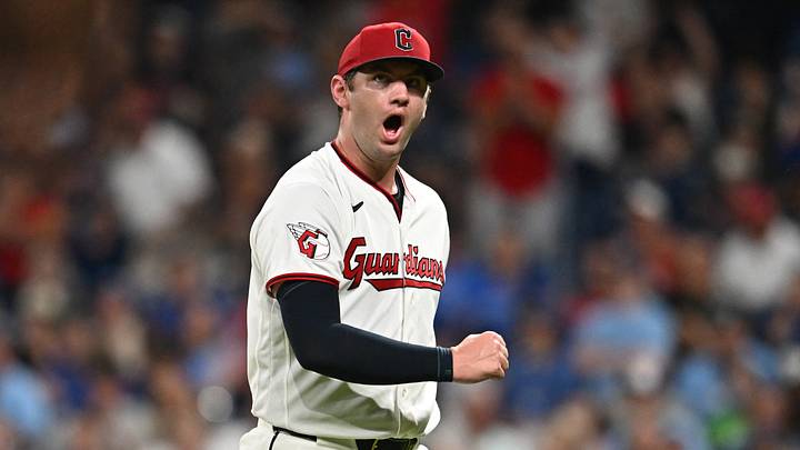Sep 1, 2026; Cleveland, Ohio, USA; Cleveland Guardians pitcher Gavin Williams (32) reacts after striking out Toronto Blue Jays shortstop Andres Gimenez (not pictured) to end the seventh inning at Progressive Field. Mandatory Credit: Ken Blaze-Imagn Images Sep 1, 2026; Cleveland, Ohio, USA; Cleveland Guardians pitcher Gavin Williams (32) reacts after striking out Toronto Blue Jays shortstop Andres Gimenez (not pictured) to end the seventh inning at Progressive Field. Mandatory Credit: Ken Blaze-Imagn Images