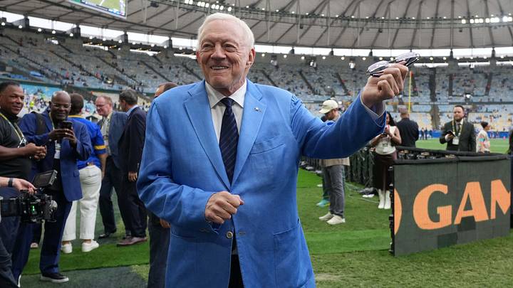 Dallas Cowboys owner Jerry Jones reacts during the 2026 NFL Rio Game against the Baltimore Ravens at Maracana Stadium