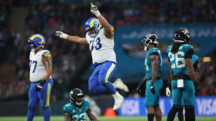 Oct 19, 2025; London, United Kingdom; Los Angeles Rams guard Steve Avila (73) reacts after a play against the Jacksonville Jaguars during the second half during a NFL International Series game at Wembley Stadium. Mandatory Credit: Andrew Boyers-Reuters via Imagn Images Oct 19, 2025; London, United Kingdom; Los Angeles Rams guard Steve Avila (73) reacts after a play against the Jacksonville Jaguars during the second half during a NFL International Series game at Wembley Stadium. Mandatory Credit: Andrew Boyers-Reuters via Imagn Images