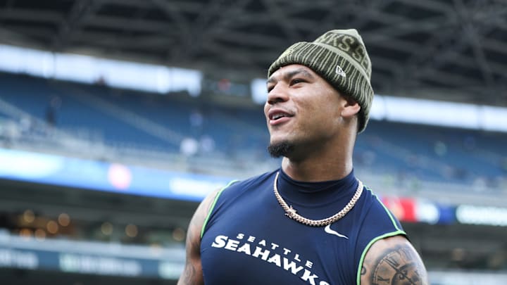 Nov 9, 2025; Seattle, Washington, USA;  Seattle Seahawks safety Coby Bryant (8) looks on before the game against the Arizona Cardinals at Lumen Field. Mandatory Credit: Kevin Ng-Imagn Images