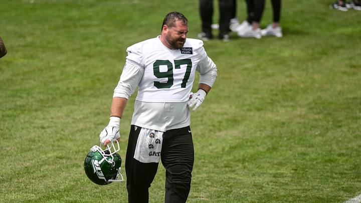 Jun 10, 2026; Florham Park, NY, USA; New York Jets defensive lineman Harrison Phillips (97) participates in a drill during minicamp at Atlantic Health Jets Training Center. Mandatory Credit: John Jones-Imagn Images
