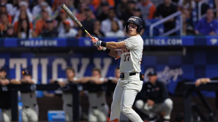 Jun 9, 2024; Lexington, KY, USA; Oregon State Beavers infielder Travis Bazzana (37) hits a foul ball during the first inning against the Kentucky Wildcats at Kentucky Proud Park. Mandatory Credit: Jordan Prather-USA TODAY Sports