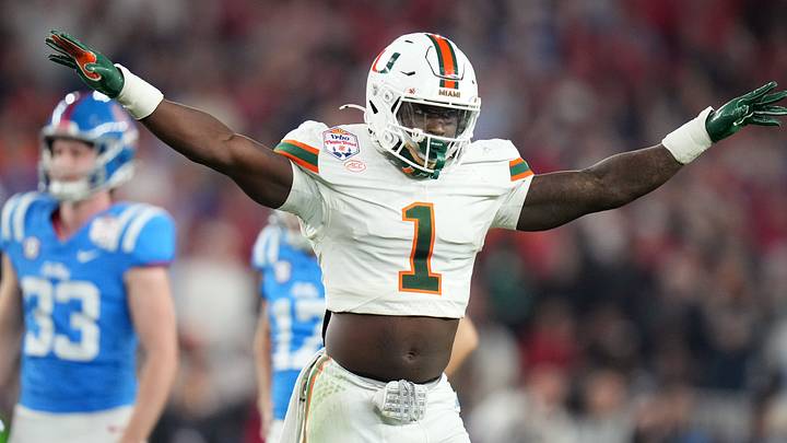 Miami Hurricanes linebacker Mohamed Toure (1) reacts after a defensive stop against the Ole Miss Rebels during their Vrbo Fiesta Bowl matchup at State Farm Stadium on Jan. 8, 2026.