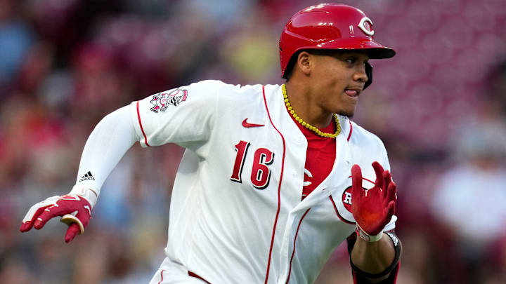 Cincinnati Reds shortstop Noelvi Marte (16) runs to first base