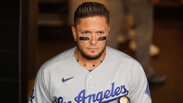 Apr 18, 2026; Denver, Colorado, USA; Los Angeles Dodgers infielder Miguel Rojas (72) before taking the field before the game against the Colorado Rockies at Coors Field. Mandatory Credit: Christopher Hanewinckel-Imagn Images