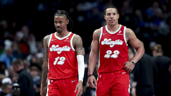 Mar 7, 2025; Dallas, Texas, USA;  Memphis Grizzlies guard Ja Morant (12) and Memphis Grizzlies guard Desmond Bane (22) against the Dallas Mavericks during the second half at American Airlines Center. Mandatory Credit: Kevin Jairaj-Imagn Images