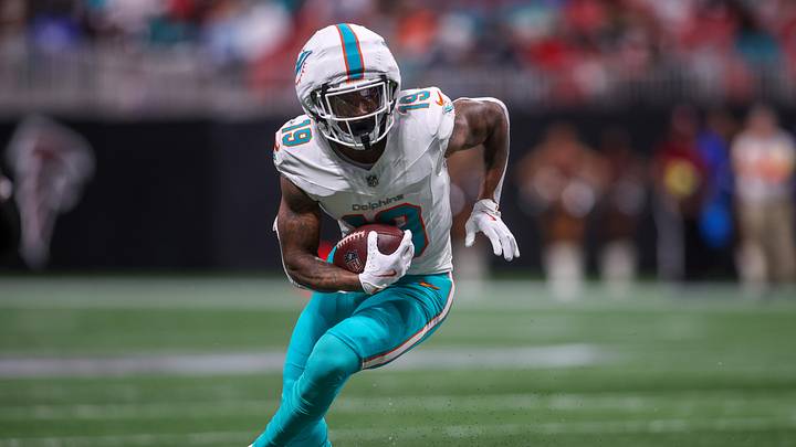 Oct 26, 2025; Atlanta, Georgia, USA; Miami Dolphins wide receiver Cedrick Wilson Jr. (19) runs after a catch against the Atlanta Falcons in the second quarter at Mercedes-Benz Stadium. Mandatory Credit: Brett Davis-Imagn Images