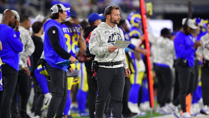 Nov 11, 2024; Inglewood, California, USA; Los Angeles Rams head coach Sean McVay watches game action. Mandatory Credit: Gary A. Vasquez-Imagn Images