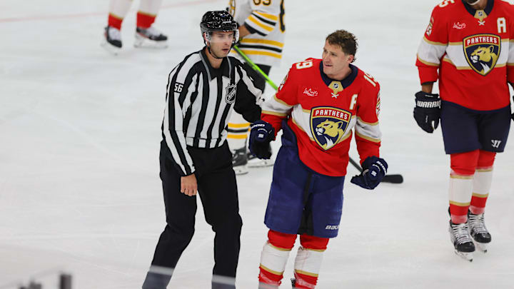 Oct 8, 2024; Sunrise, Florida, USA;  Florida Panthers left wing Matthew Tkachuk (19) reacts toward the penalty box against the Boston Bruins during the third period at Amerant Bank Arena. Mandatory Credit: Sam Navarro-Imagn Images