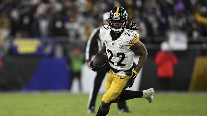 Dec 21, 2024; Baltimore, Maryland, USA;  Pittsburgh Steelers running back Najee Harris (22) rushes during  the second half against the Baltimore Ravens at M&T Bank Stadium. Mandatory Credit: Tommy Gilligan-Imagn Images