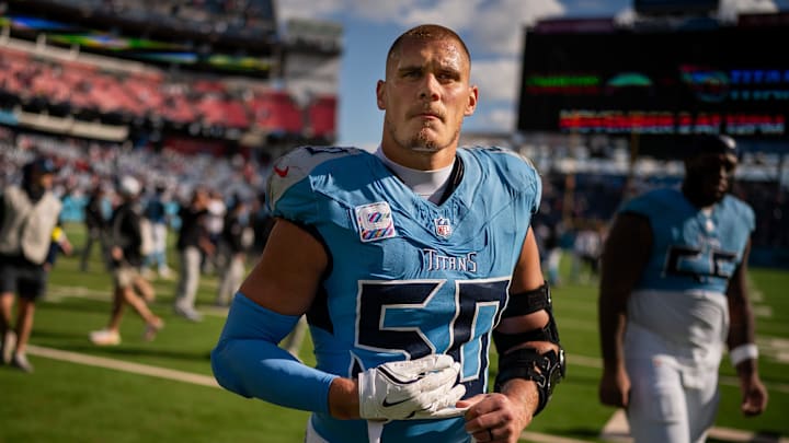Tennessee Titans linebacker Cody Barton (50) heads to the locker room after their loss to the New England Patriots at Nissan Stadium in Nashville, Tennessee.